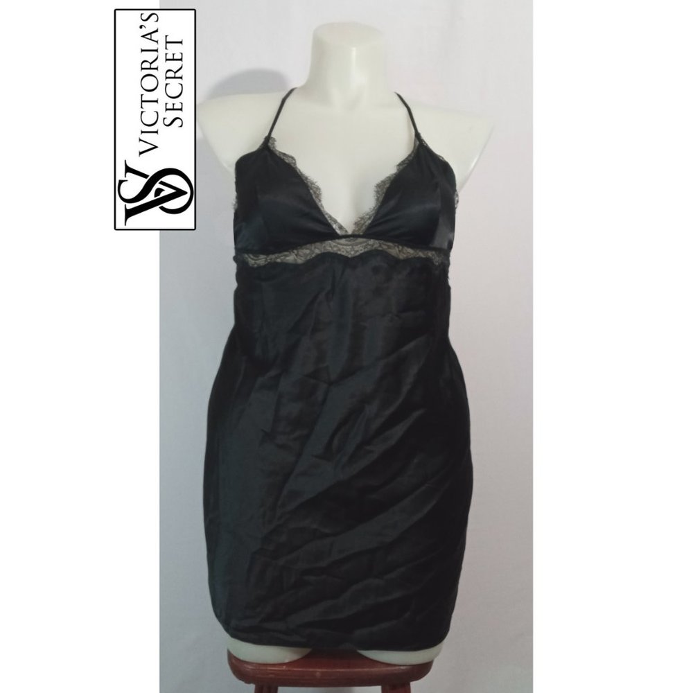 NWT Victoria's Secret Black Eyelash Lace Trim Satin Negligee Slip Dress Sz Lg